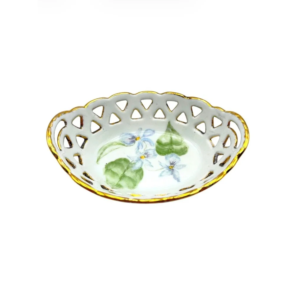 Vintage Hand Painted Hamilton Porcelain Lattice Trinket Dish Violets Gold Trim
